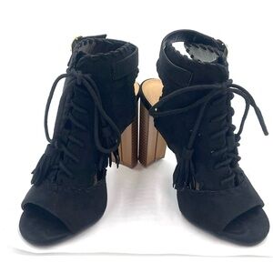 NIB Just Fab Lorelai Lace Up Black Caviar Suede Sandals Natural Stack Size 7